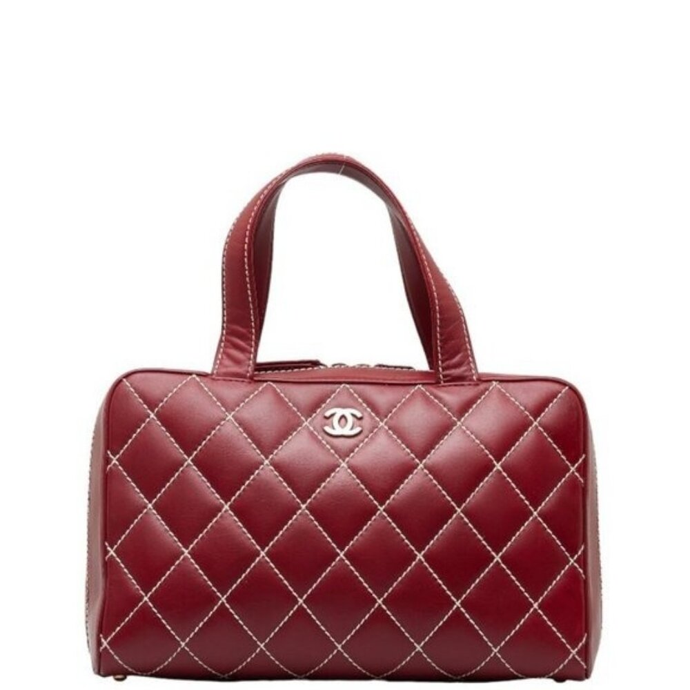 Authentic CHANEL CC Wild Stitch Vintage Quilted Bowler Hand Bag Lambskin